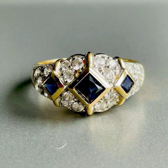 Jewelry - Estate 14k Gold Sapphire & Diamonique Cubic Zirconia Dome Ring